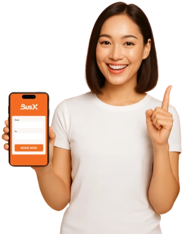 BusX app illustration - woman holding phone